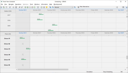 Figure A: CREWS Short-term Scheduler showing an unsolved problem with 324 unplanned duties (4 of them visible) and a set of 44 rosters (6 of them visible) that have duties assigned until Sunday 08/31 and no duties assigned from that date on.